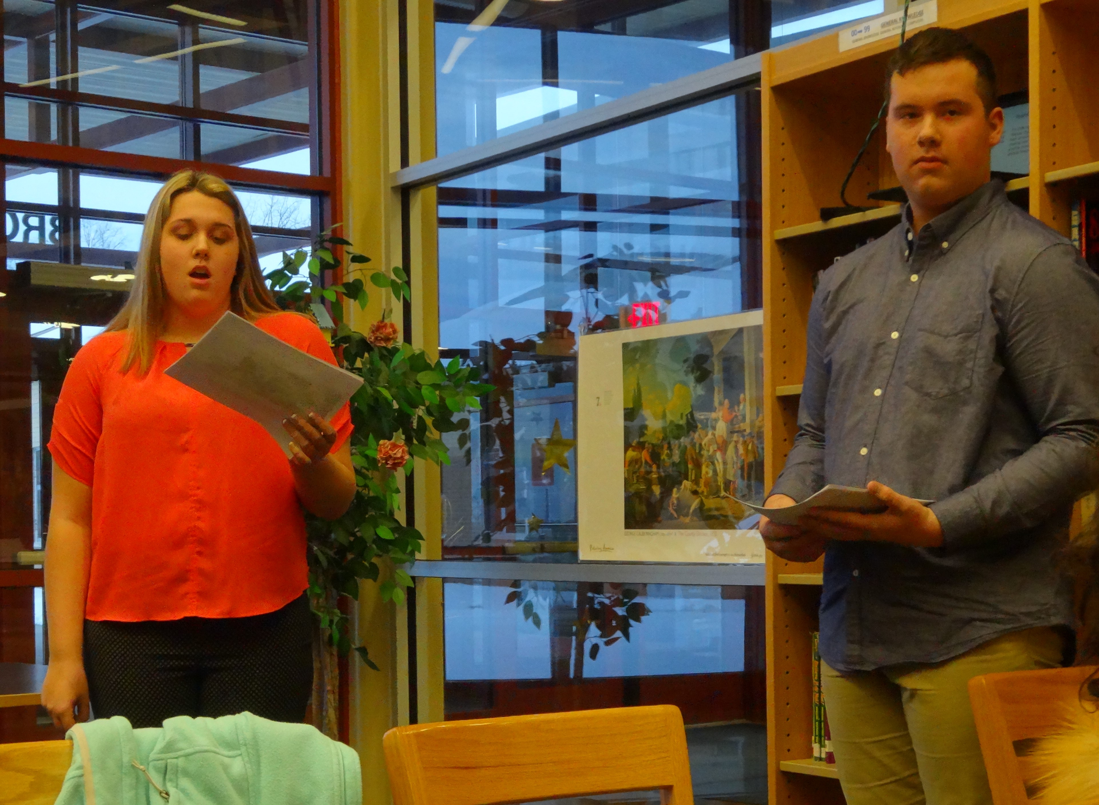Emily and Dakota Obermiyer present the findings of their reading study at the March Brookfield Board of Education meeting. Photo by Joe Pinchot/NEWS On the Green.