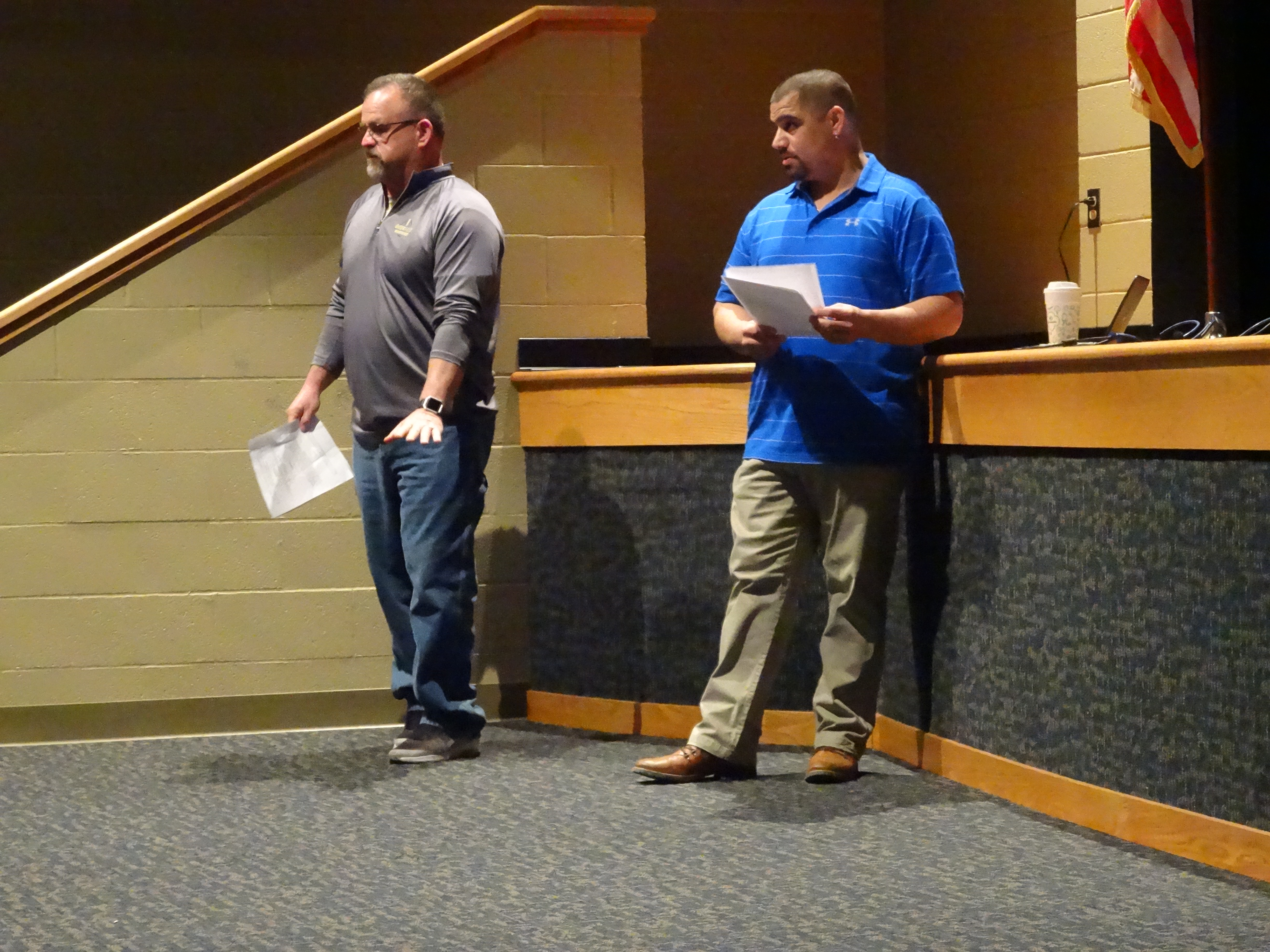 Brookfield School officials Randy Clark, left, and Rick Dudzenski outline the district's building and maintenance needs.
