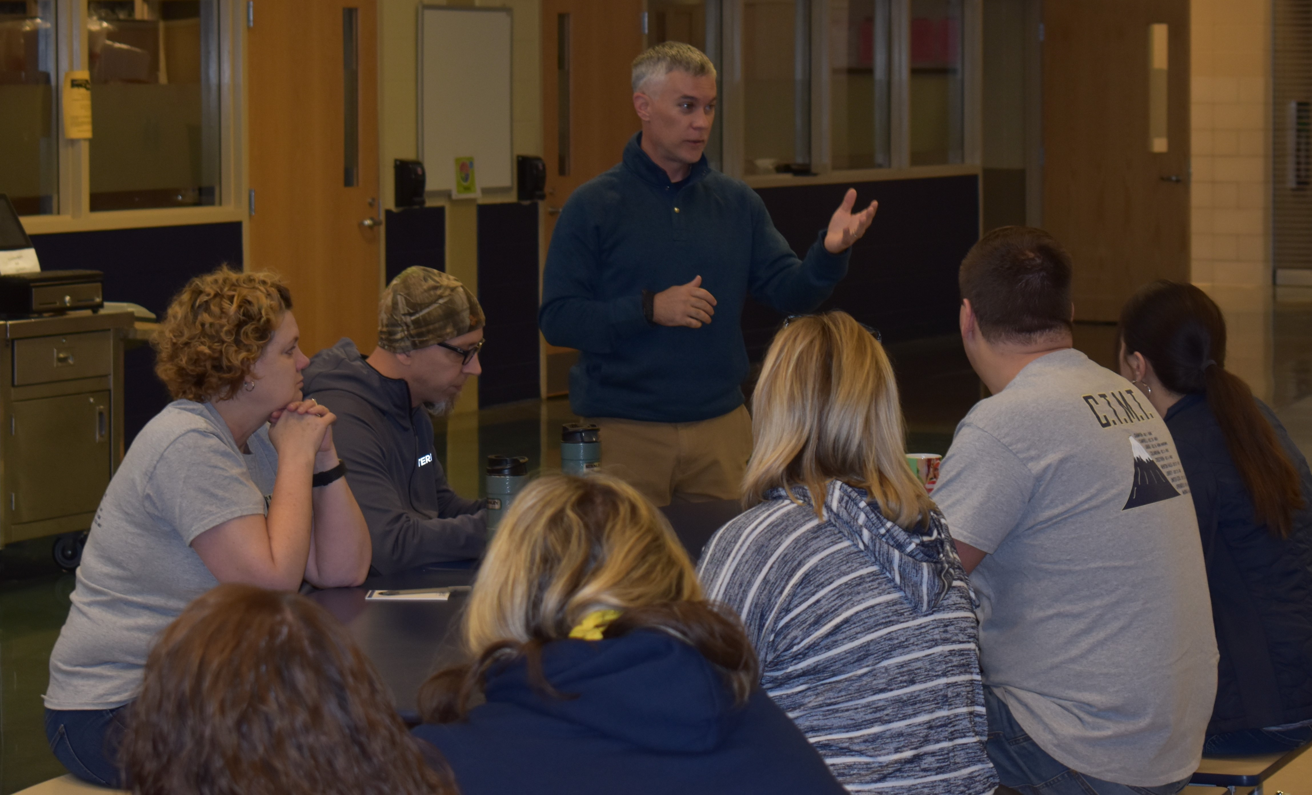 Brookfield school Supt. Toby Gibson is shown at the Nov. 2 Saturday Morning Coffee public meeting, when he announced that the school and police department had reached an agreement to station a police officer full time in the school.
