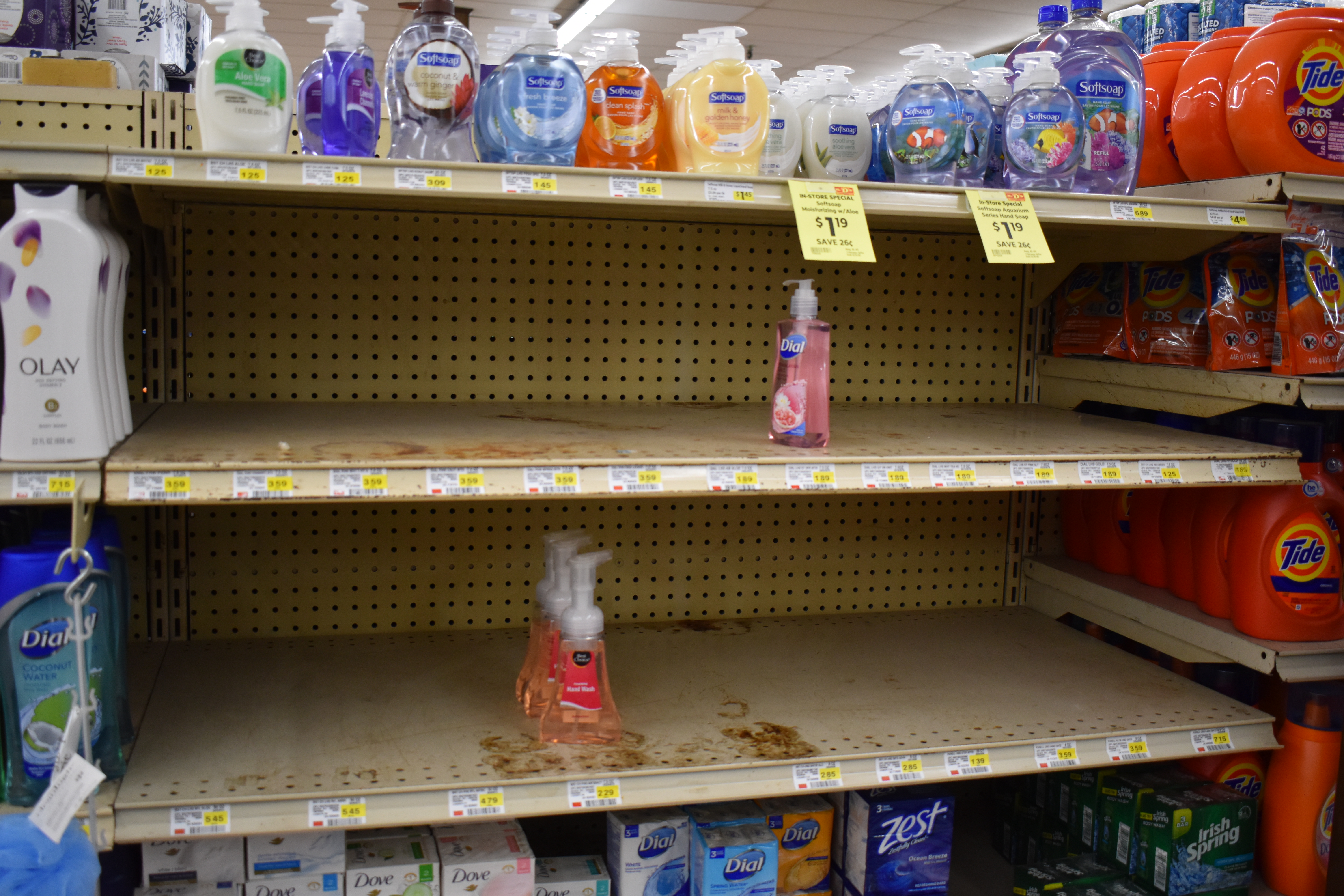 The hand sanitizer section at Mr. D's Delicious Fresh Foods, Brookfield.