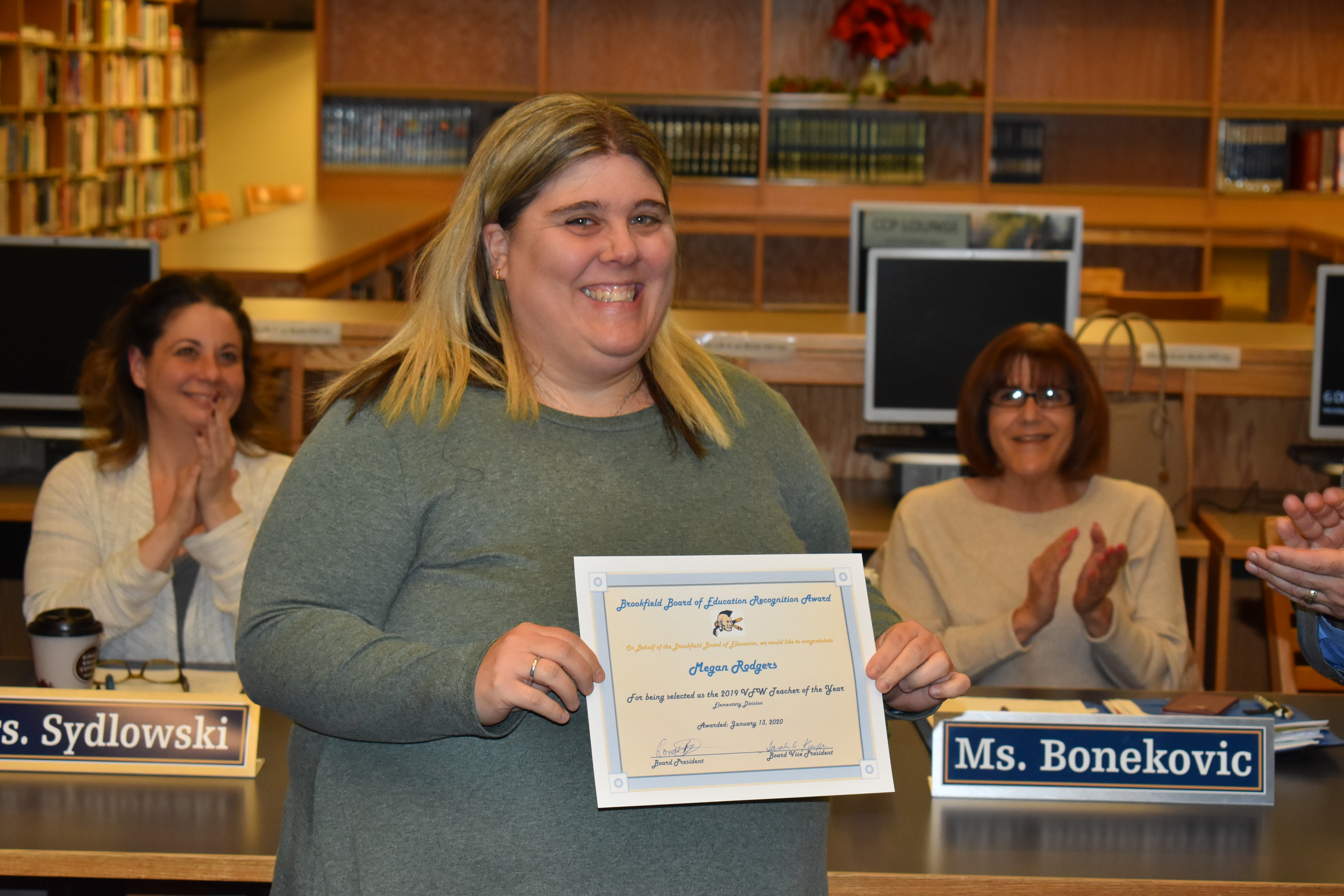 Brookfield Board of Education, at its January meeting, congratulates elementary teacher Megan Rodgers for winning the Smart-Maher VFW Citizenship Education Teachers Award for Ohio. In March, Rodgers was named the national awardee.