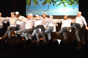 Area Community Theatre of Sharpsville opened the main stage of its new home in Sharon on Oct. 21-23 with a revue of hit songs from past shows, including a romp through “Nothing Like a Dame” from “South Pacific,” shown here.