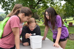 Maci Phillips grimaces when she looks at the contents of pond water. With her are Isabella Montalvo, left, and Alana Jervis.