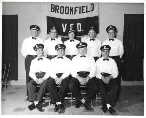 This photo from about 1953 shows some of the founders and officers of the Brookfield Township Fire Department. Standing, from left, George Kirila, Sandor Dankovitch, Frank Ayers, Rhinold Schultz and John McFarland. Seated, from left: Max Bartosh, William Bebech, Chuck Goodrick and John Powell. Photo courtesy of John Schultz.
